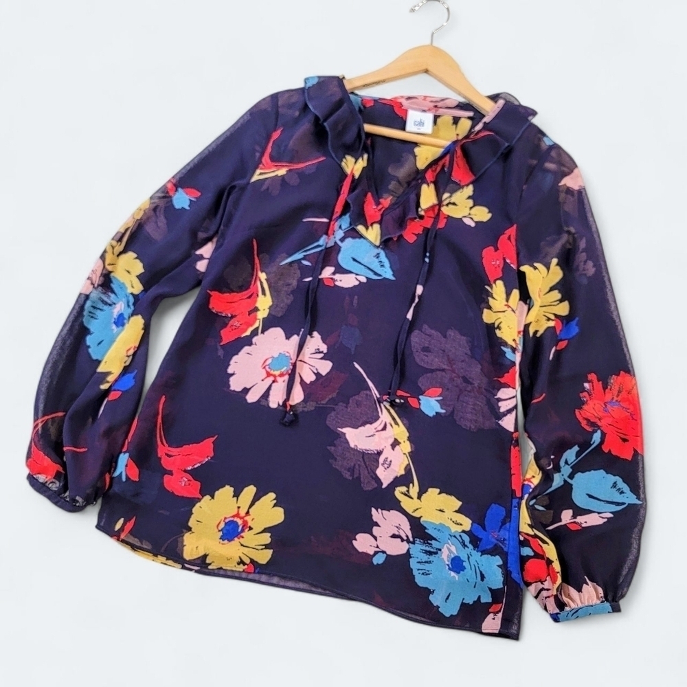 Cabi Floral Print Women's Top Lons Sleeve Ruffle Neck Size XS